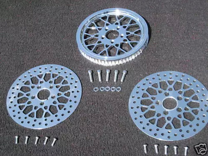 Chrome Mesh Style Pulley W/Front & Rear SS Polished Rotors FLSTC Heritage Kit
